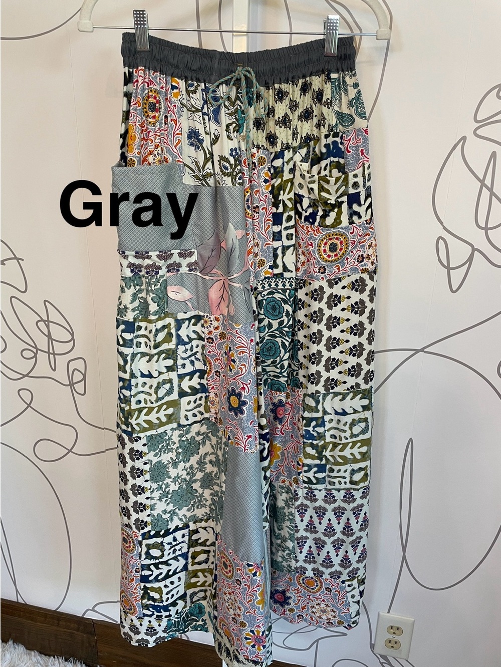 Boho Cotton/Rayon Patchwork Wide Leg Pants with Pockets O/S (fits most) - Picture 8 of 13